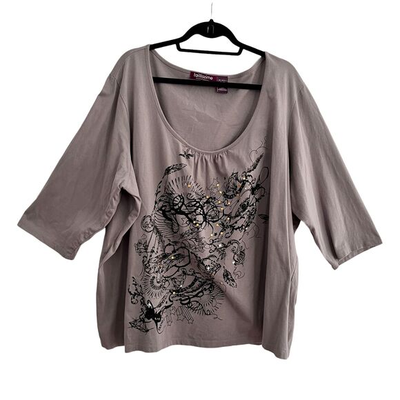 Taillissime Top 26 Gray Graphic T-Shirt Scoop Neck 3/4 Sleeve Embellished - Picture 1 of 9